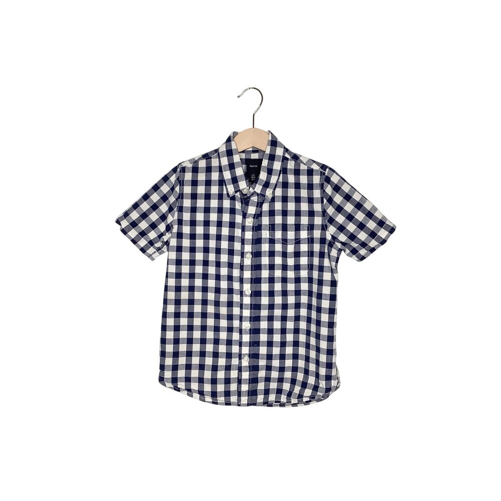 Gap Kids Navy Blue White Buffalo Plaid Short Sleeve Button Down Shirt Small